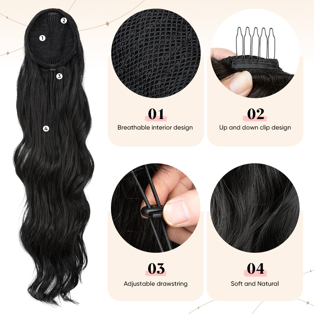 26" Synthetic Curly Hairpiece Long Ombre Invisible Instant Claw Clip In Hair Tails Ponytail Wig Extensions