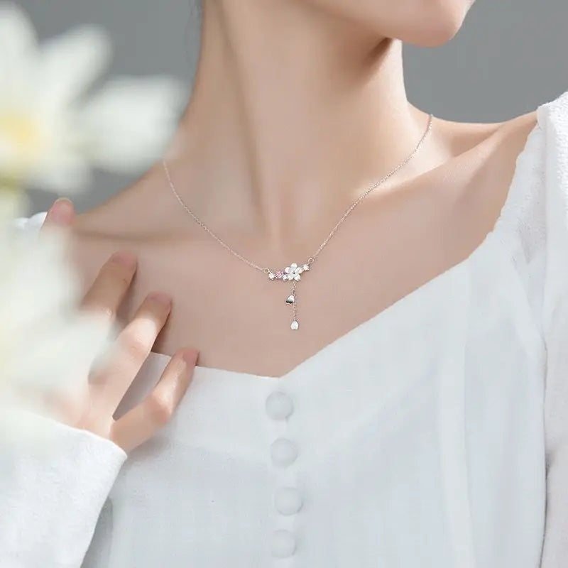 Romantic Pink Cherry Blossom Clavicle Chain Jewelry Set For Women Elegant Sweet Rose Flower Necklace Earrings Set Wedding Gift