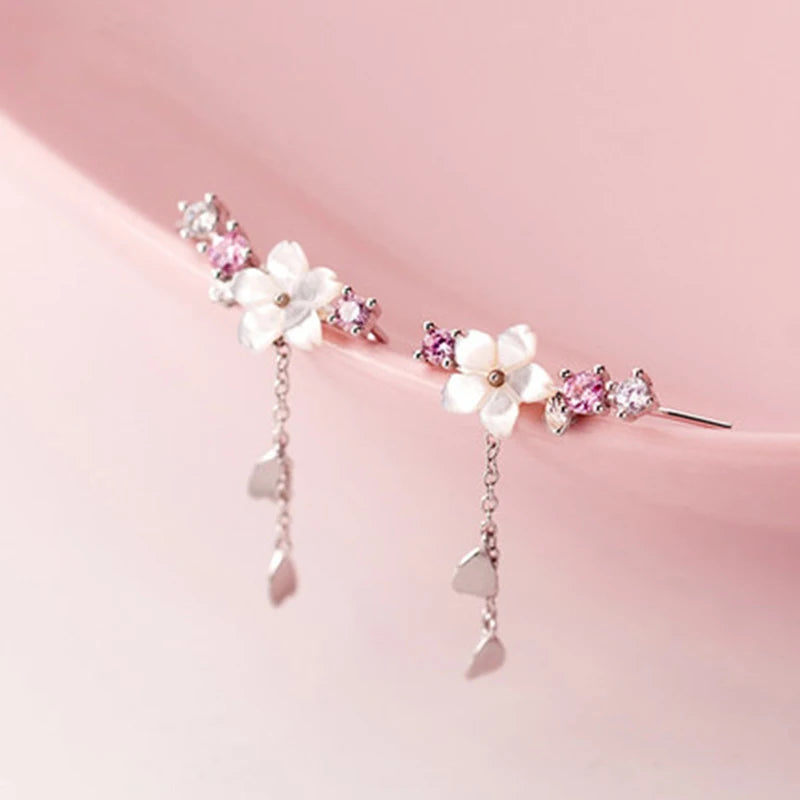 Romantic Pink Cherry Blossom Clavicle Chain Jewelry Set For Women Elegant Sweet Rose Flower Necklace Earrings Set Wedding Gift