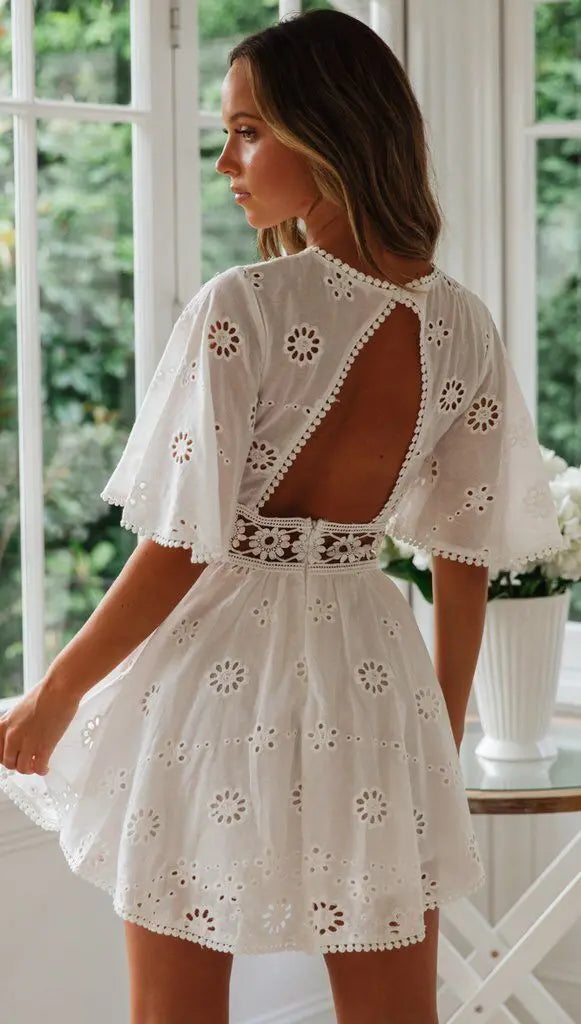 Dress Casual Backless Mini Dresses Hollow Out Floral Embroidery Cotton Party