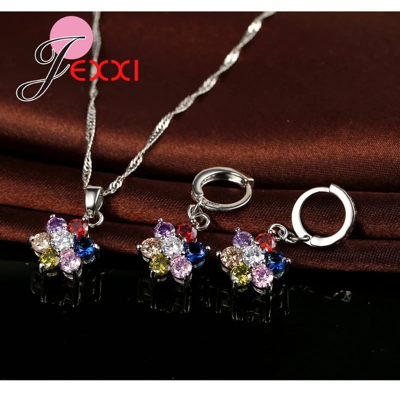 Trendy Girls Pendant Set Colorized Crystal 925 Sterling Silver Pendant Necklace Earrings Women Flowers Jewelry Set