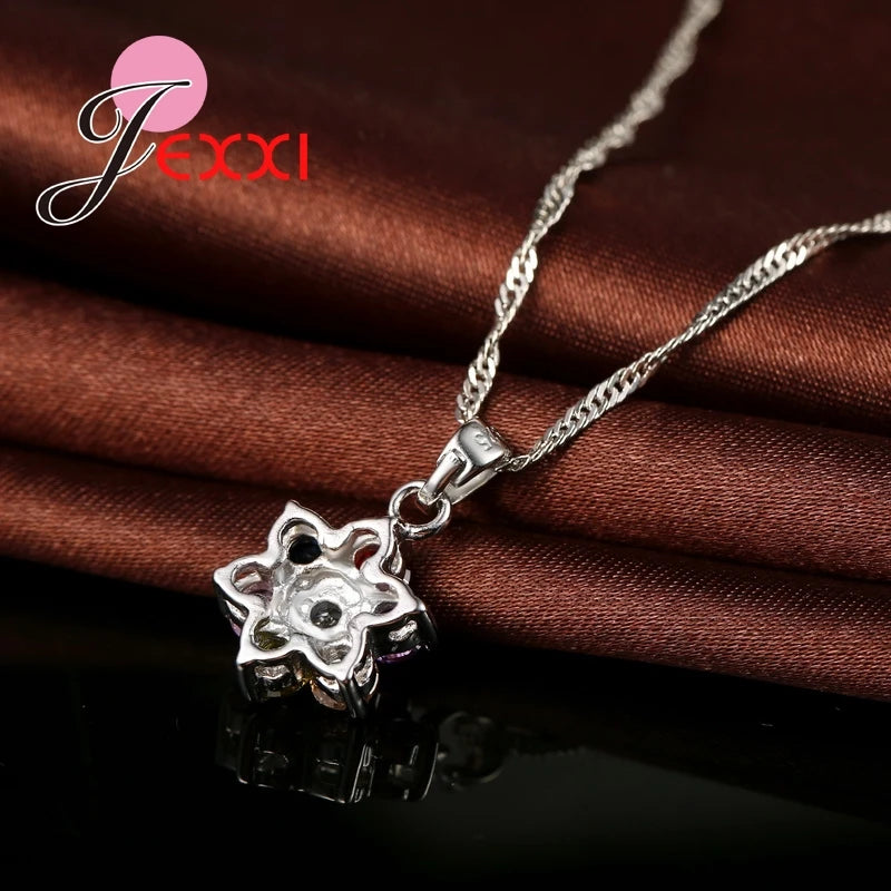 Trendy Girls Pendant Set Colorized Crystal 925 Sterling Silver Pendant Necklace Earrings Women Flowers Jewelry Set