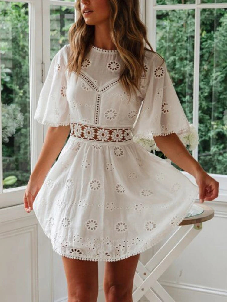 Dress Casual Backless Mini Dresses Hollow Out Floral Embroidery Cotton Party