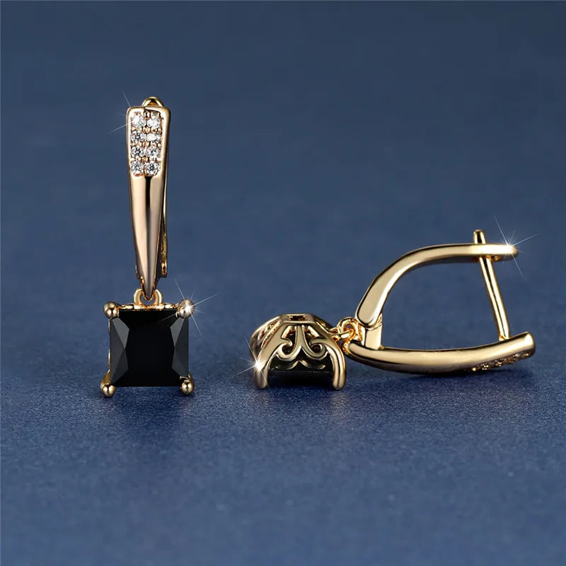 Trendy Female Geometric Crystal Earrings Antique Black Zircon Square Stone Earrings Champagne Gold Color Party Jewelry For Women