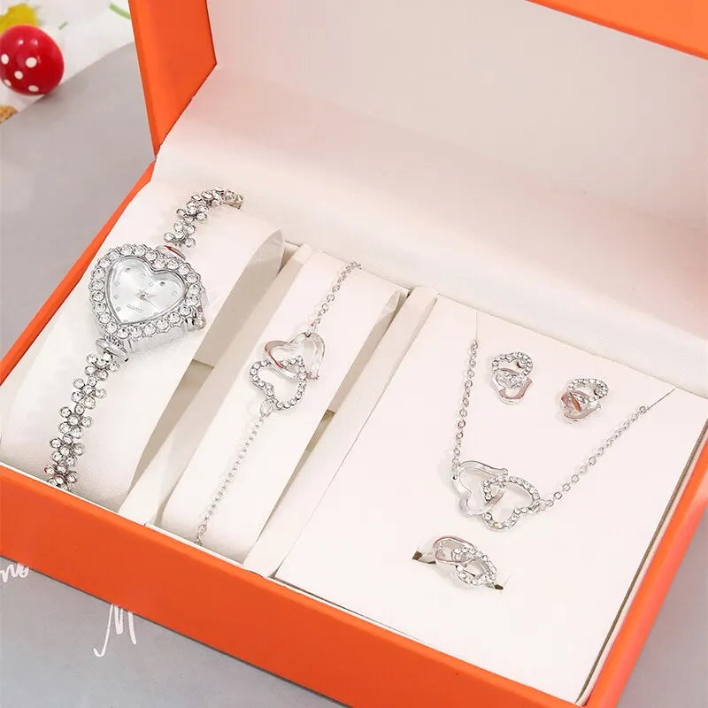 6PCS Set Luxury Watch, Ring Heart, Necklace, Earring Rhinestone Fashion