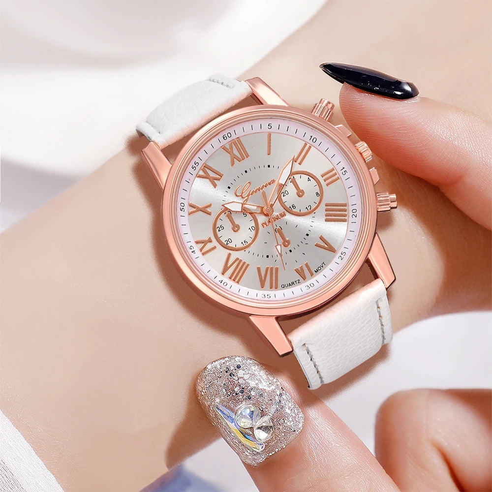 5PCS/Set White Silver Rose Gold, Leather Strap Quartz Watch