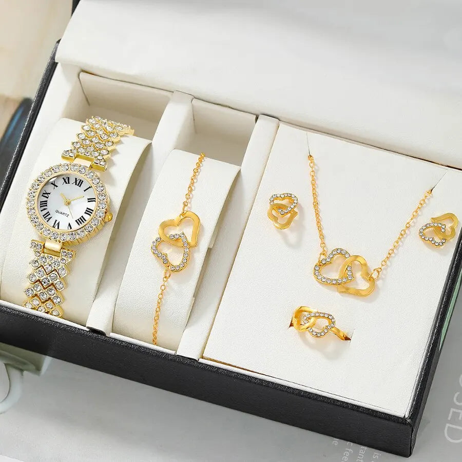 6pc Watch With Heart, Heart Necklace, Bracelet, Earrings Ring Set