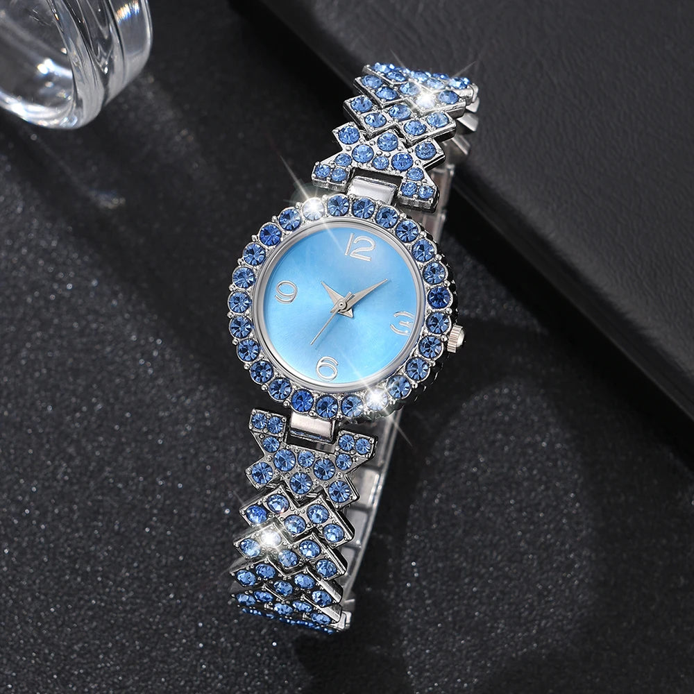 Blue Women Watch 5PCS/Set Strap Watch Heart Shaped Jewelry Set