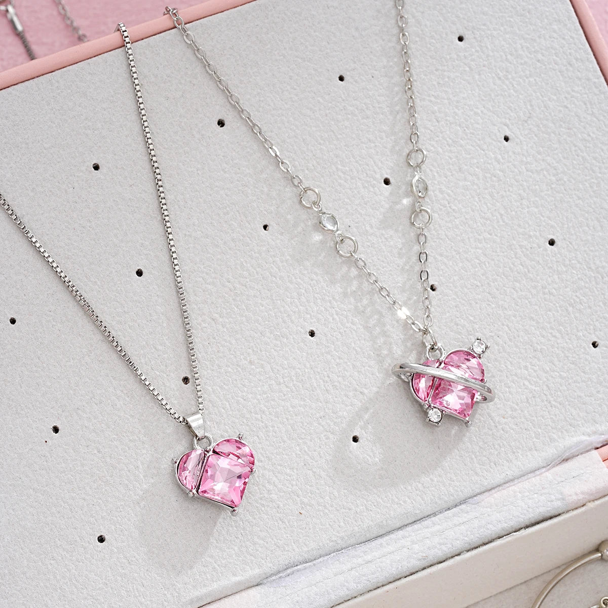 14 PCS Pink Craystal Heart Pendants Necklace Earrings, Ring, Bracelet