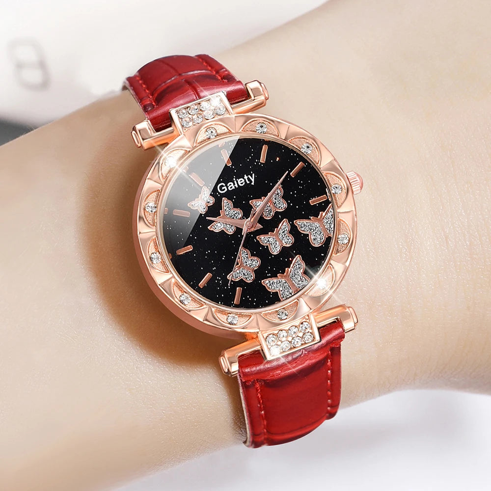 Red kids's Leather Simple Dial Quartz Watch Butterfly Heart Alloy Chain