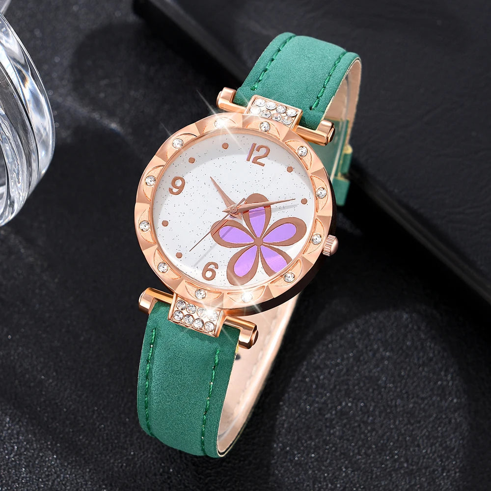 Green Watch 5PCS/Set Pink Flower Dial Quartz Wristwatch Frosted