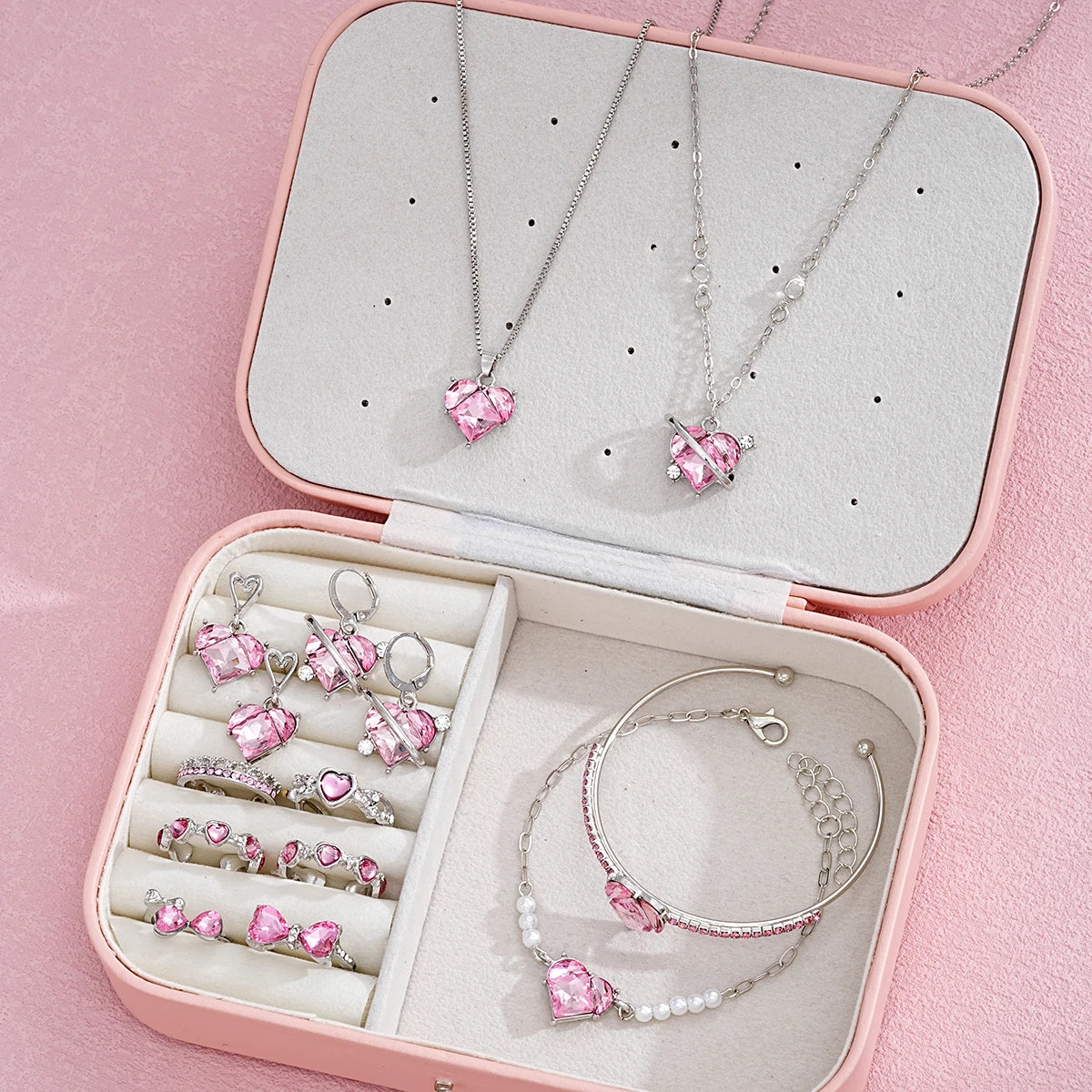 14 PCS Pink Craystal Heart Pendants Necklace Earrings, Ring, Bracelet