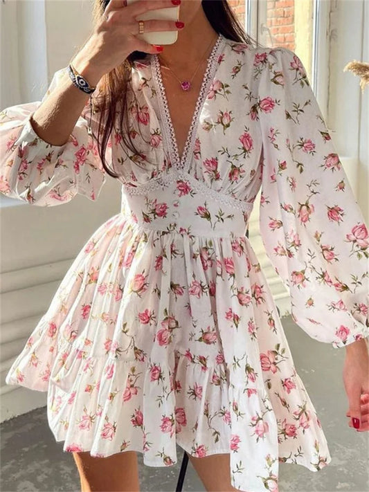 Elegant Women Floral Print Short Mini Dress With Long Lantern Sleeves