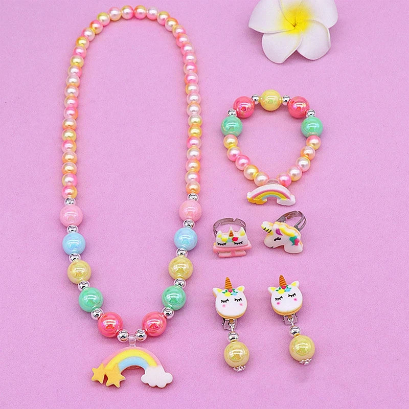 2/6pcs/set Children Necklace Bracelet Set Cute Unicorn Rainbow