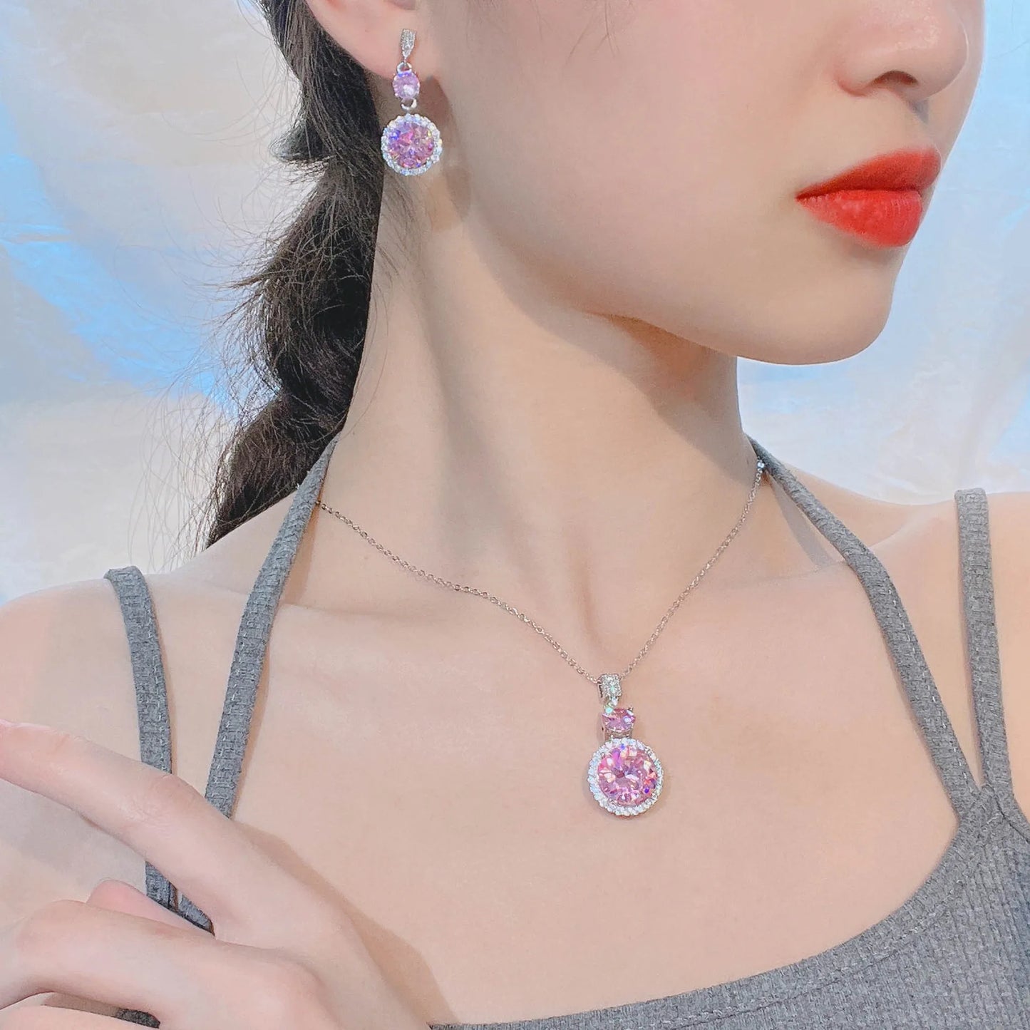 Luxury Pink Zircon Round Necklace Earrings Jewelry Set