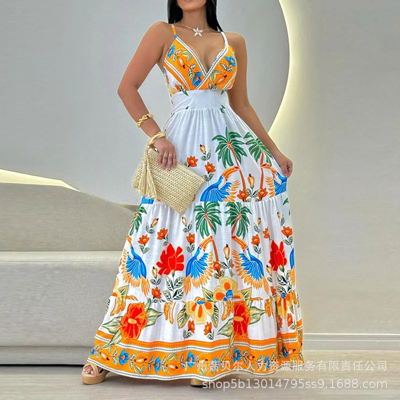 Sleeveless Tropical Print Maxi Dress