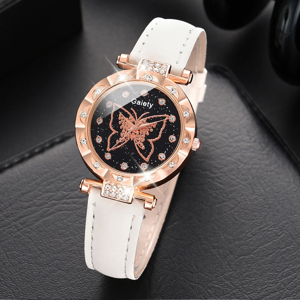 Gaiety White Women Quartz Watch Pu Leather Strap Wristwatch Large Butterfly Dial Watch Set Jewelry Set Gift For Her (6PCS/Set)