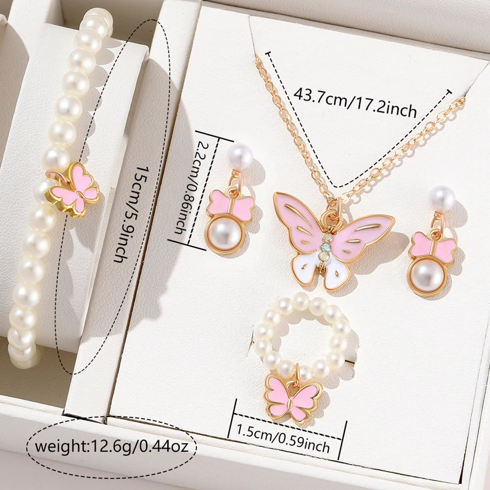 5 Piece Women Fashion Personality Versatile Creative Oil Dropping Butterfly Necklace Earrings Imitation Pearl Bracelet Ring Set