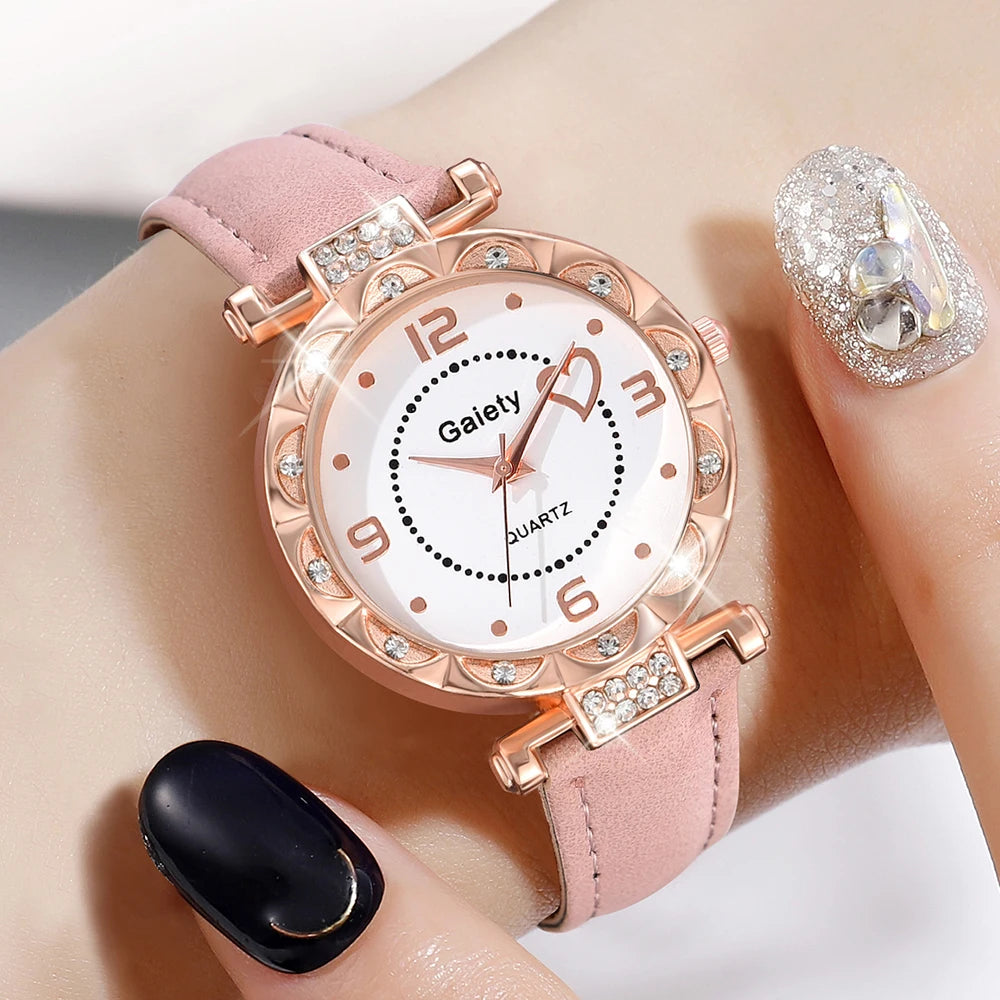 5PCS/Set Watch Elegant Rhinestone Wristwatch Quartz Simulation Pu Leather Strap