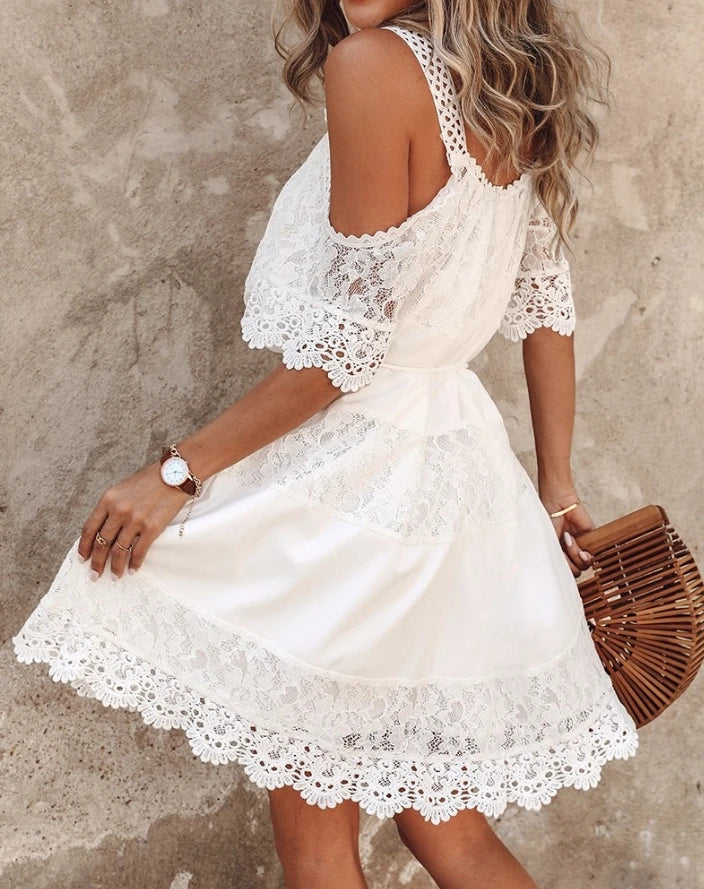 Dress Cold Shoulder Half Sleeve Loose Crochet Embroidery