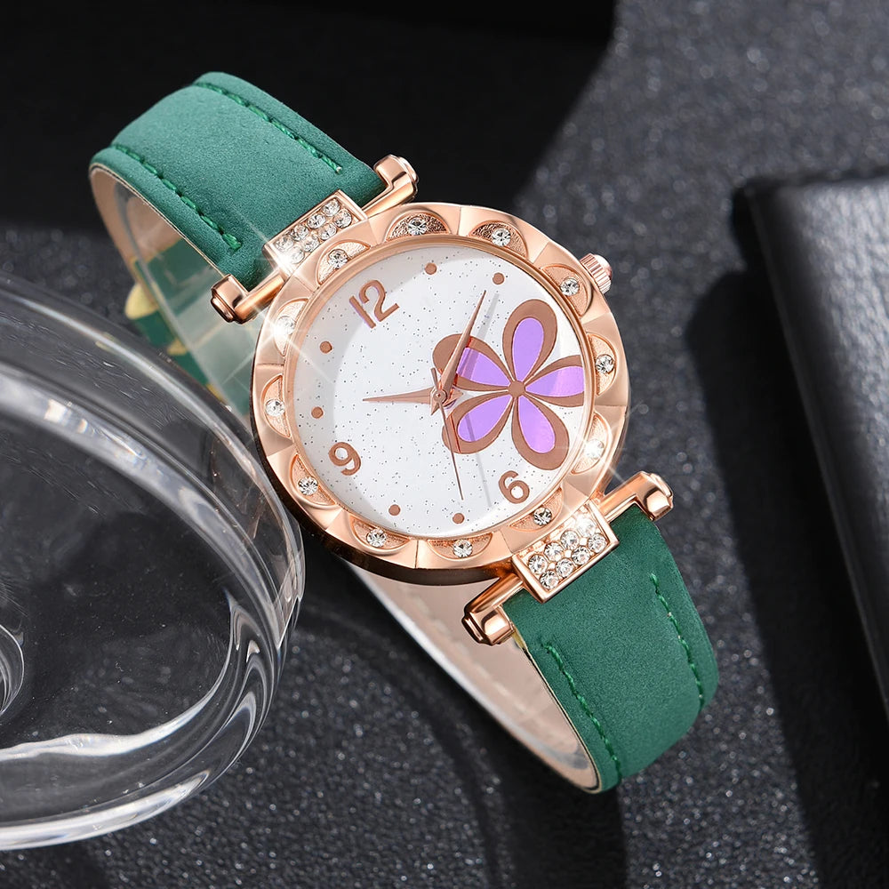 Green Watch 5PCS/Set Pink Flower Dial Quartz Wristwatch Frosted