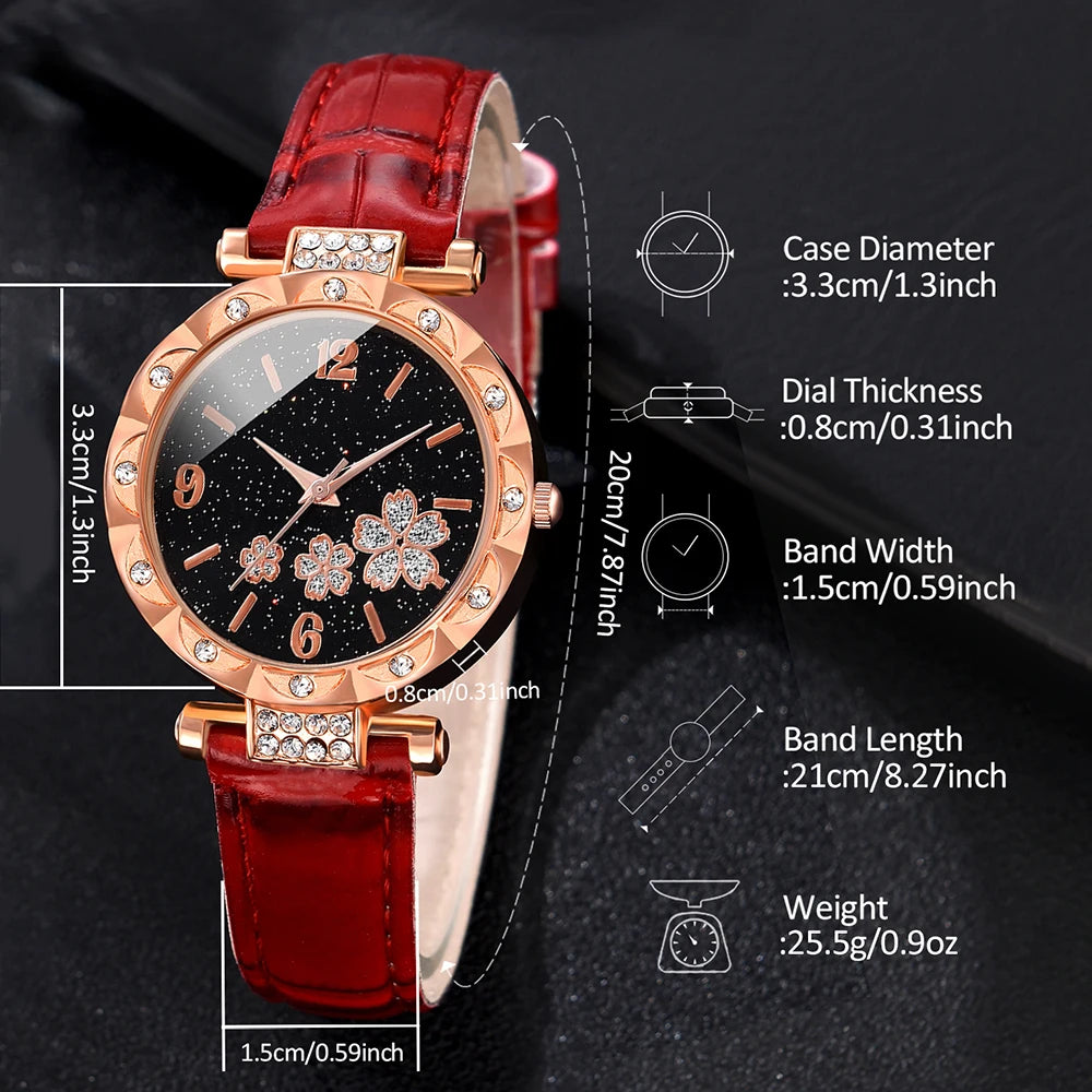 Red Ladies Watch 6PCS/Set Flower Dial Quartz Leather Strap Watch Butterfly