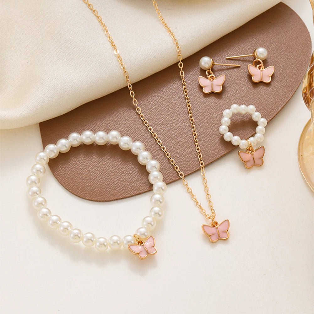 5 Piece Women Fashion Personality Versatile Creative Oil Dropping Butterfly Necklace Earrings Imitation Pearl Bracelet Ring Set