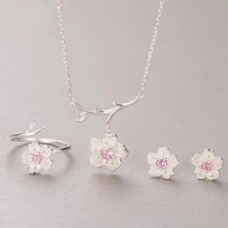 Silver Color Cherry Blossom Flower Cubic Zirconia Stone Jewelry Sets for Women Floral Necklace Bracelet Earring Ring Wedding Set