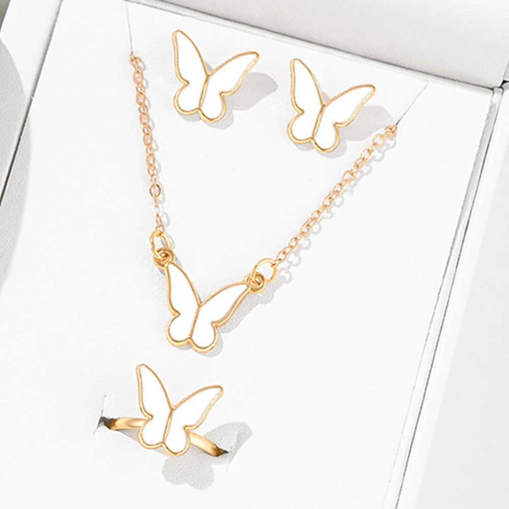 5 Piece Set Of White Butterfly Design Fashionable, Necklace, Earring, Ring, and Bracelet Combination Set