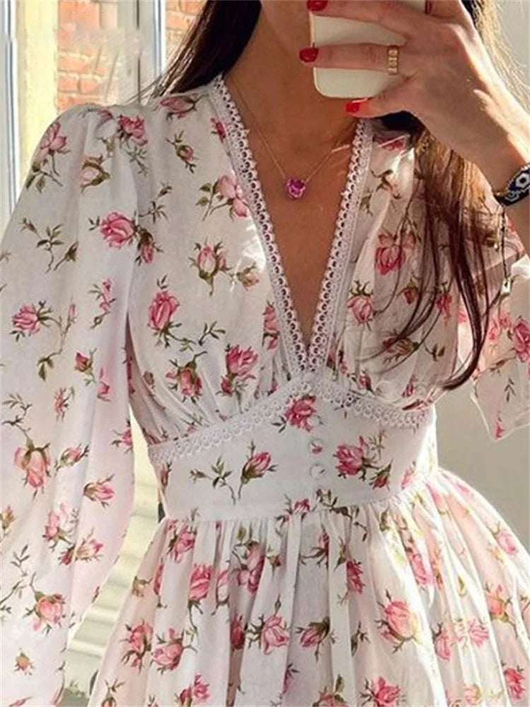 Elegant Women Floral Print Short Mini Dress With Long Lantern Sleeves