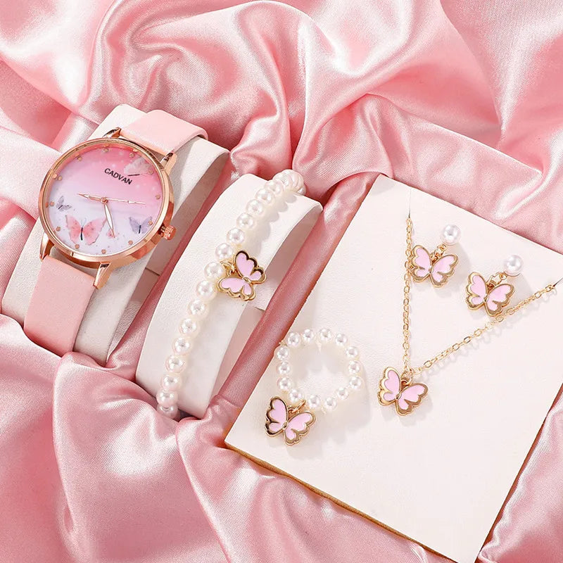 6PCS Set / Fashion Quartz Watch Female Clock Pink Butterfly