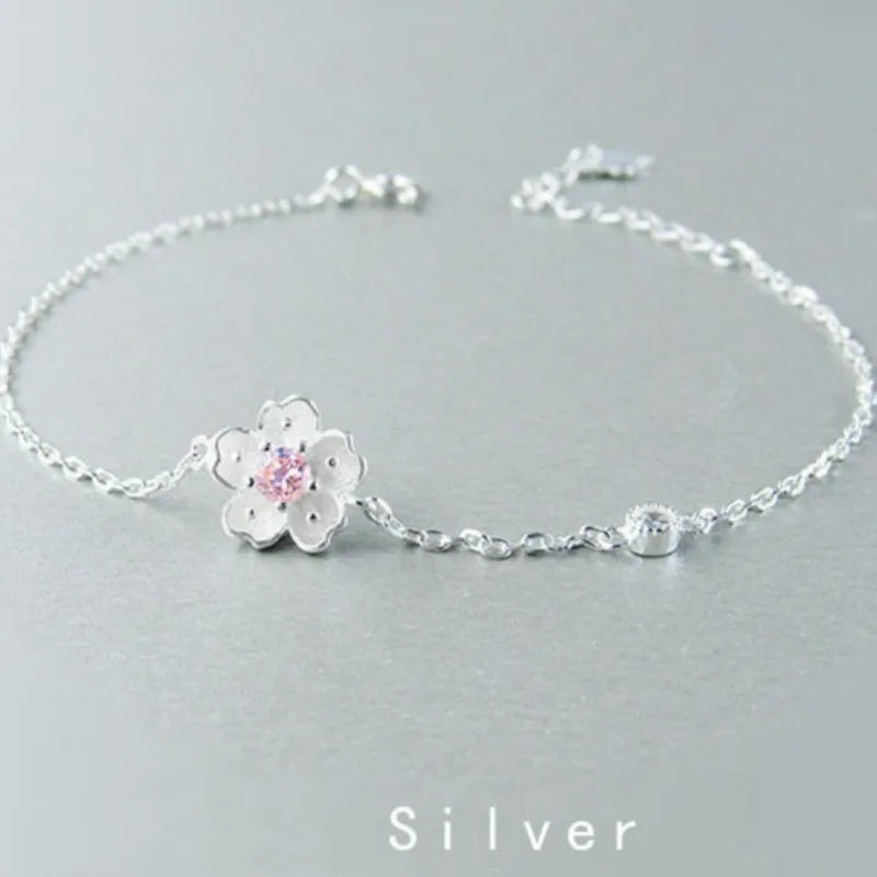 Silver Color Cherry Blossom Flower Cubic Zirconia Stone Jewelry Sets for Women Floral Necklace Bracelet Earring Ring Wedding Set