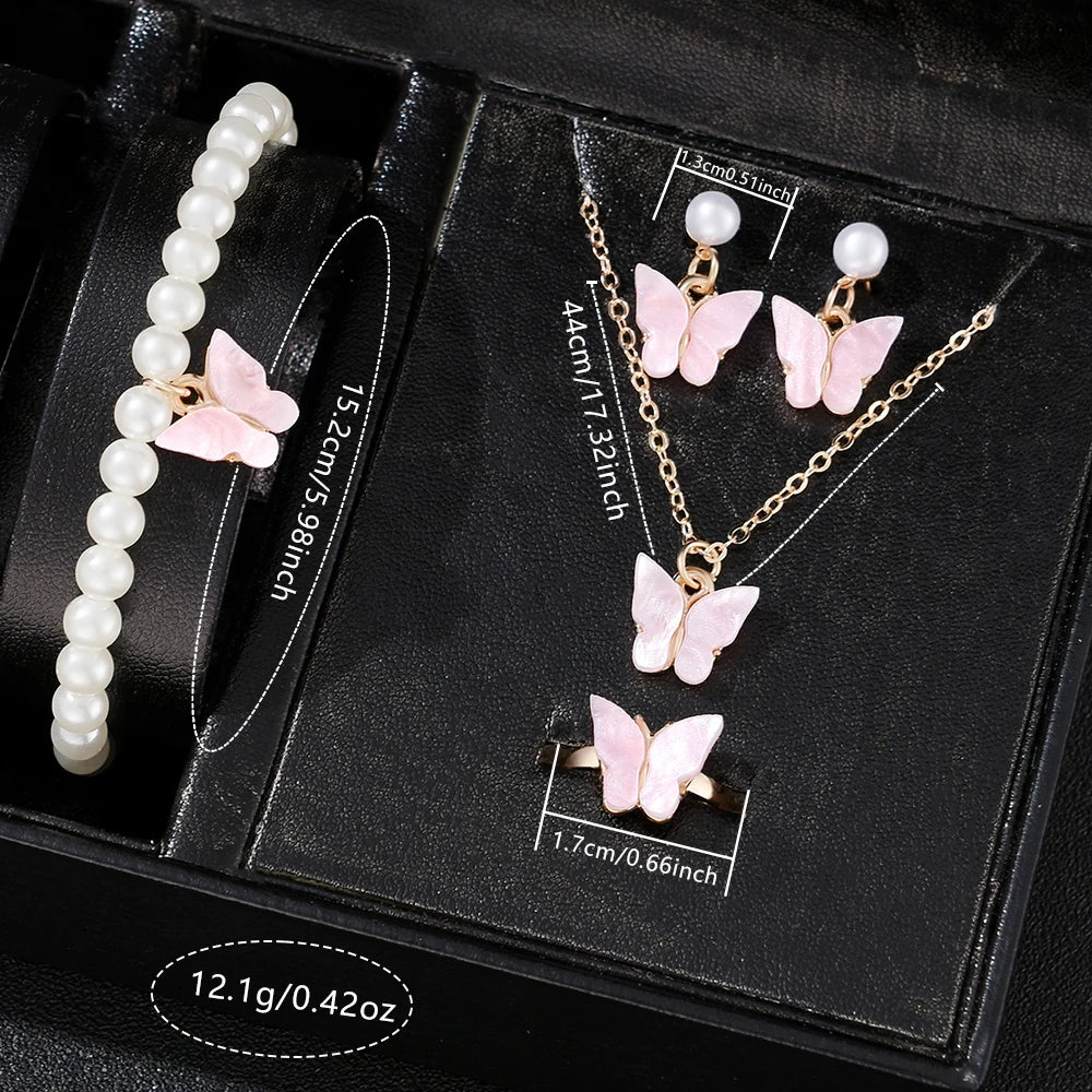 6PCS/Set Pink Women Quartz Watch Note Elements Dial Wristwatch Frosted Strap Watch Pearl Butterfly Jewelry Set Gift For Her