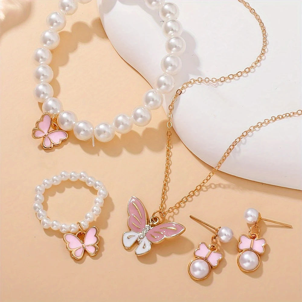 5 Piece Women Fashion Personality Versatile Creative Oil Dropping Butterfly Necklace Earrings Imitation Pearl Bracelet Ring Set