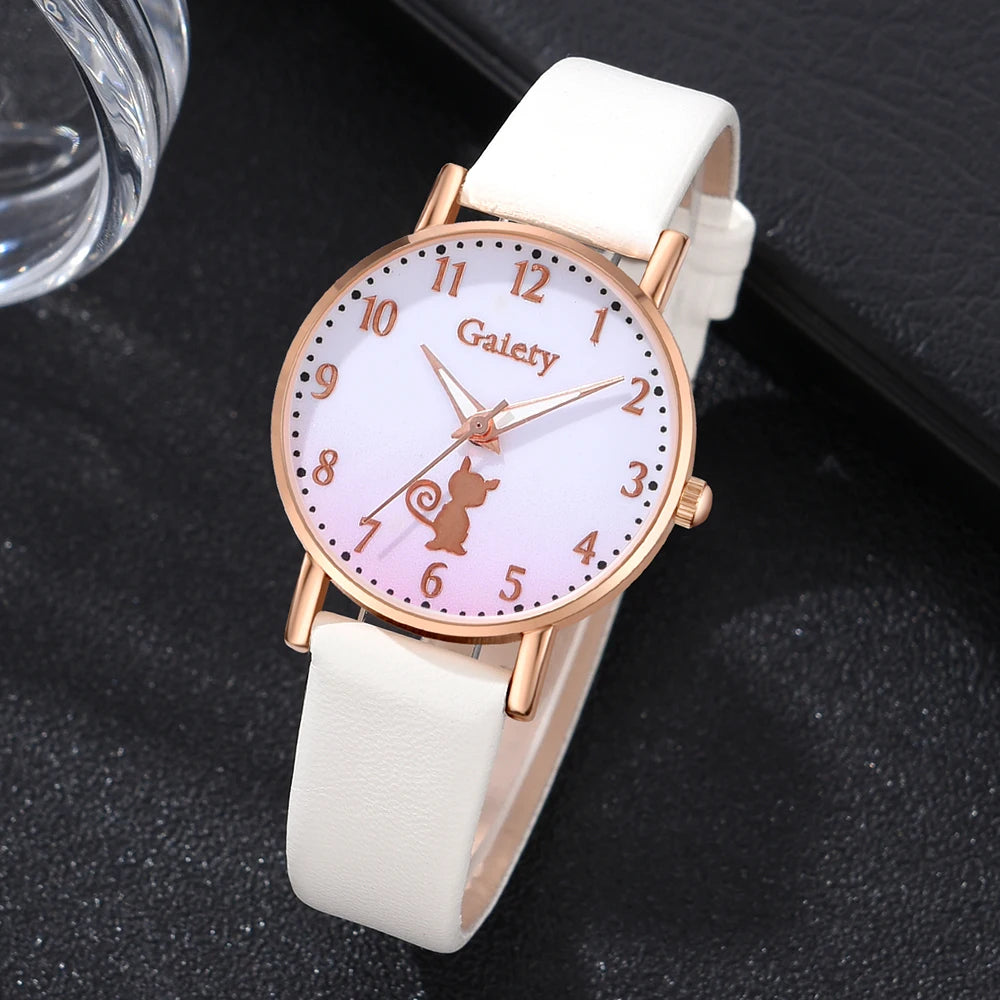 6PCS/Set Gradient Cat Element Dial Quartz Wristwatch Leather Strap Watch Jewelry Set