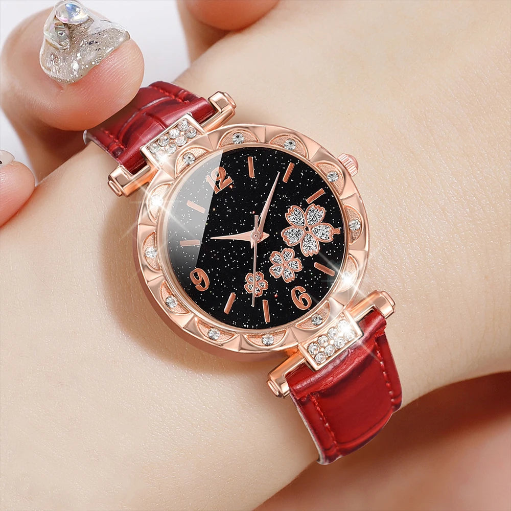 Red Ladies Watch 6PCS/Set Flower Dial Quartz Leather Strap Watch Butterfly