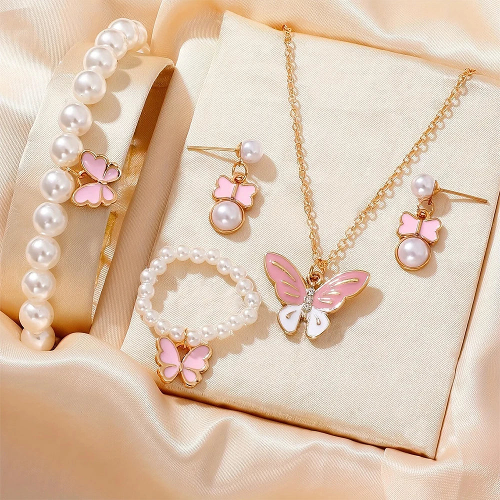 5 Piece Women Fashion Personality Versatile Creative Oil Dropping Butterfly Necklace Earrings Imitation Pearl Bracelet Ring Set