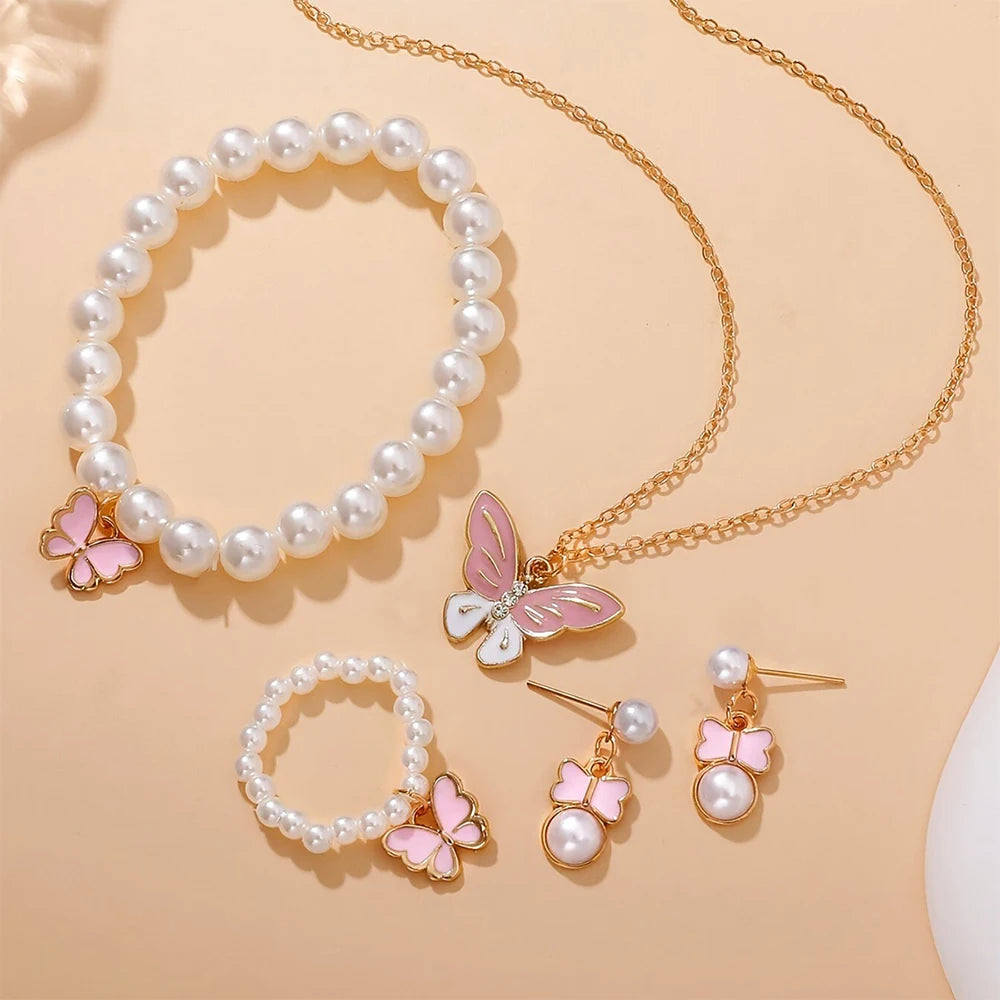 5 Piece Women Fashion Personality Versatile Creative Oil Dropping Butterfly Necklace Earrings Imitation Pearl Bracelet Ring Set