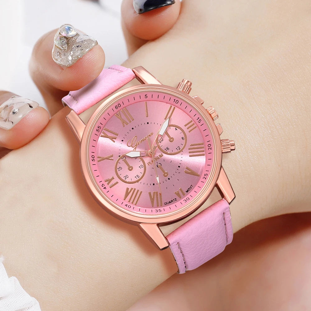 Pink Women 5PCS/Set Watch Roman Numeral Dial Quartz Leather Strap Watch Butterfly Element Jewelry Set