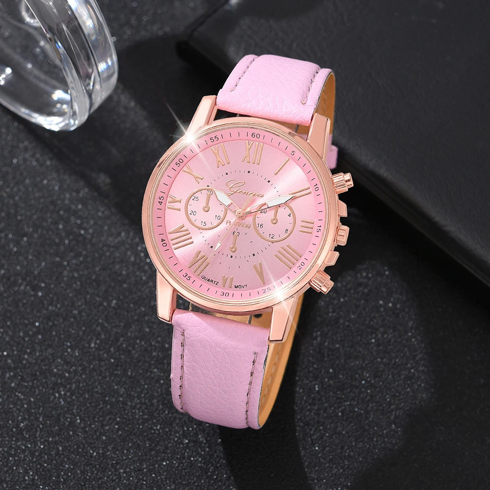 Pink Women 5PCS/Set Watch Roman Numeral Dial Quartz Leather Strap Watch Butterfly Element Jewelry Set