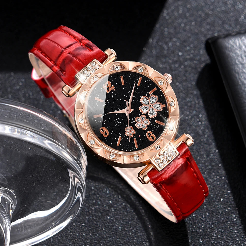 Red Ladies Watch 6PCS/Set Flower Dial Quartz Leather Strap Watch Butterfly