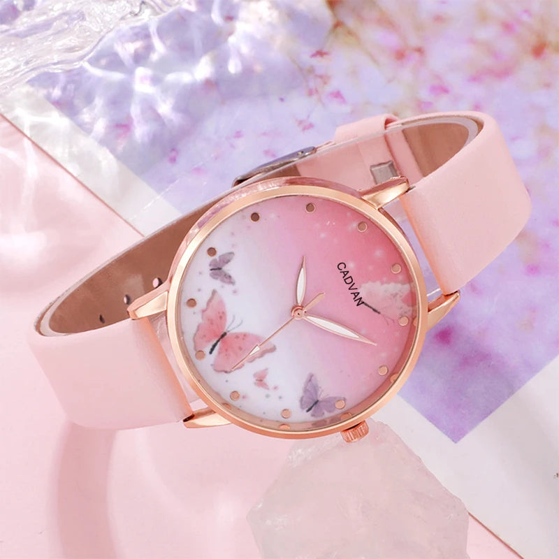 6PCS Set / Fashion Quartz Watch Female Clock Pink Butterfly