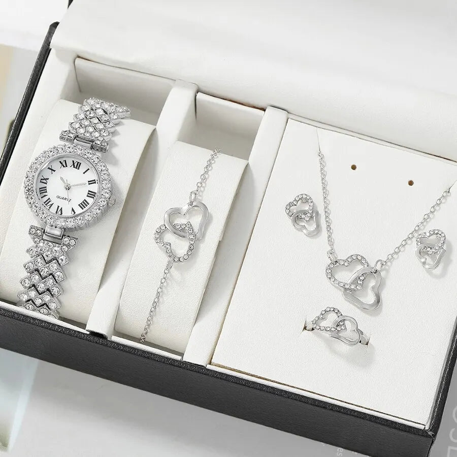 6pc Watch With Heart, Heart Necklace, Bracelet, Earrings Ring Set