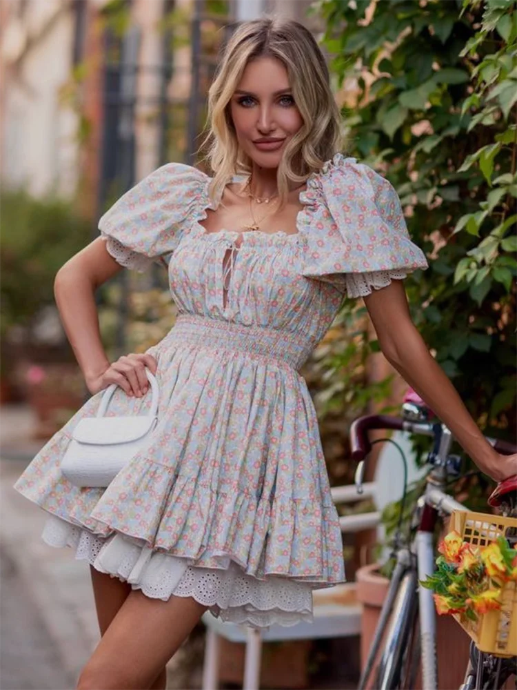 Summer Mini Dress With Lace Puff Sleeves