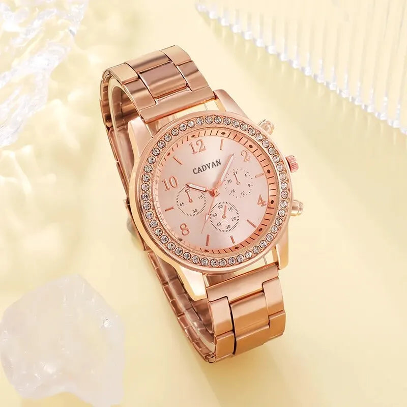 6PCS Set Rose Gold Watch, Ring, Necklace, Earring Rhinestone Casual, and Bracelet