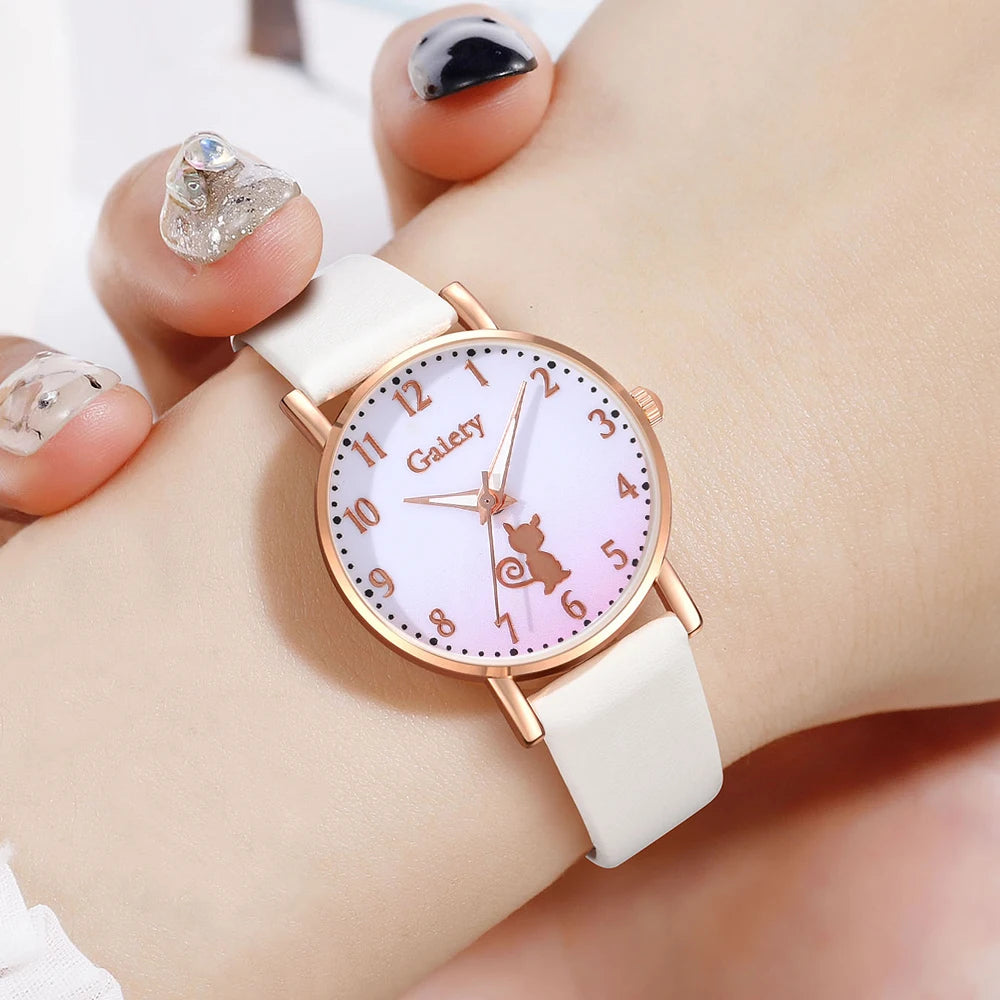 6PCS/Set Gradient Cat Element Dial Quartz Wristwatch Leather Strap Watch Jewelry Set