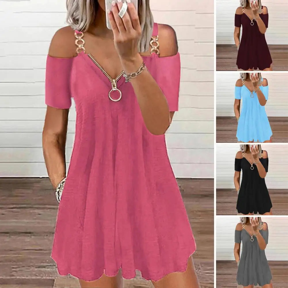 Mini Dress - Fashion Short Sleeve Solid Color Metal Zipper / V Neck Casual Loose