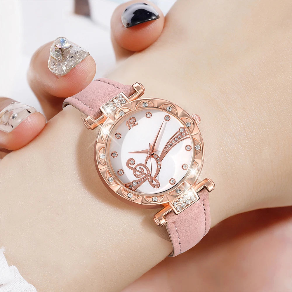 6PCS/Set Pink Women Quartz Watch Note Elements Dial Wristwatch Frosted Strap Watch Pearl Butterfly Jewelry Set Gift For Her