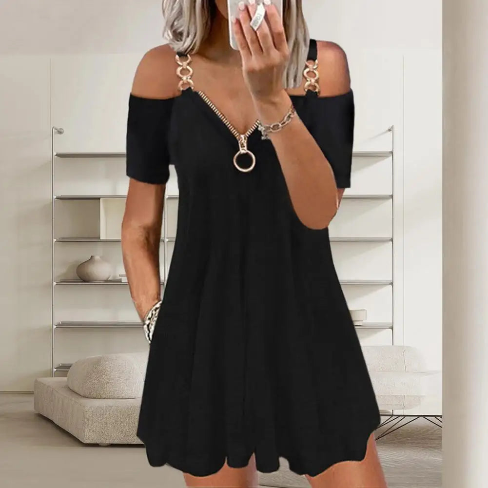 Mini Dress - Fashion Short Sleeve Solid Color Metal Zipper / V Neck Casual Loose