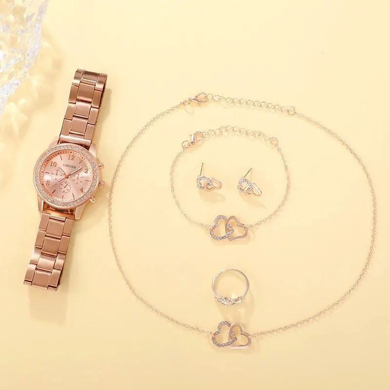 6PCS Set Rose Gold Watch, Ring, Necklace, Earring Rhinestone Casual, and Bracelet